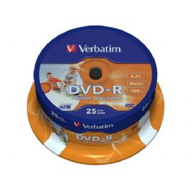 VERBATIM DVD-R 16X, 4,7GB, 25 PACK SPINDLE, WIDE INKJET PRINTABLE, 21-118 MM - 43538